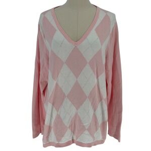 Tommy Hilfiger‎ Argyle Sweater Pink White V-Neck 100% Cotton 0X